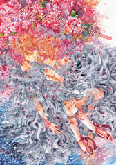 a flurry of falling cherry blossoms